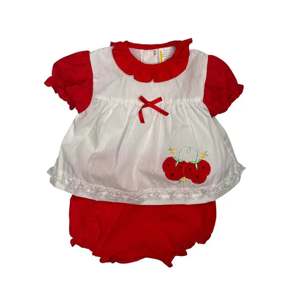 Vintage 1990s Cherry Embroidered Baby Outfit Bloomer Set 6–9M